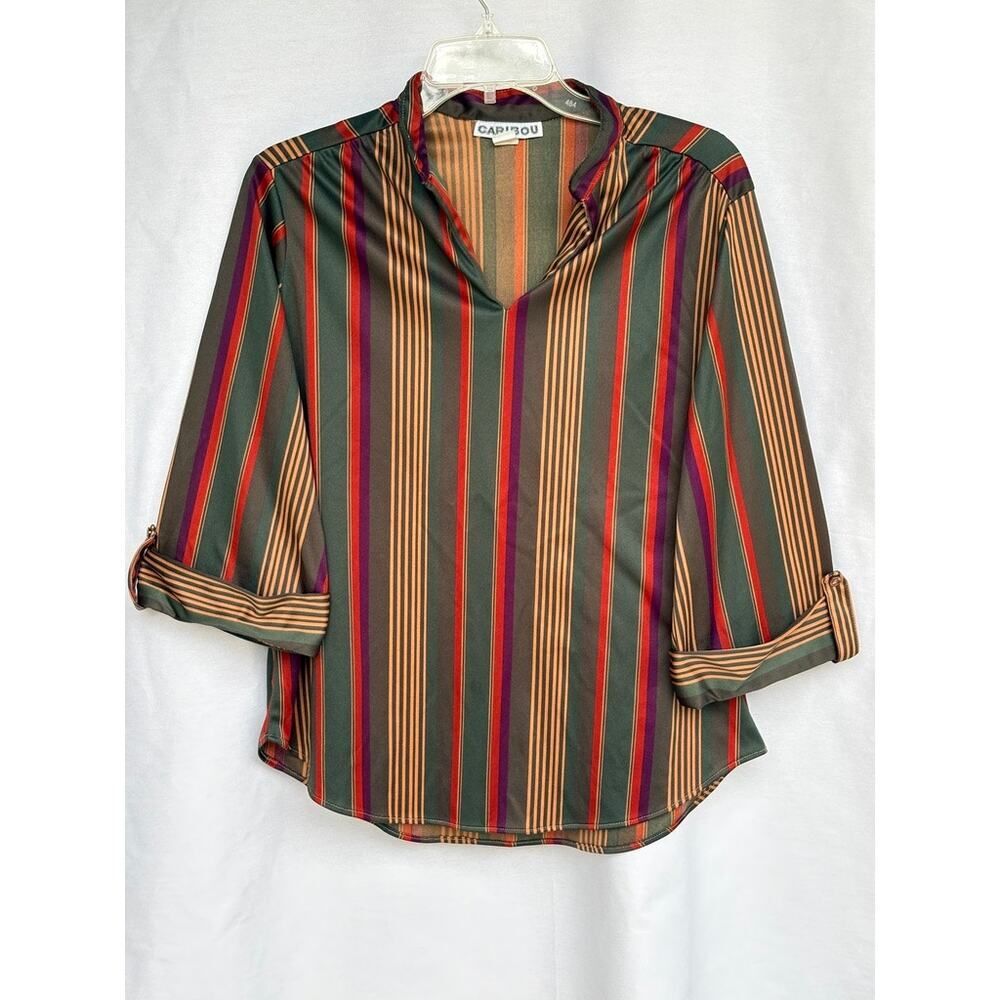 Vintage Caribou Earth Tone Striped V-Neck Top Blouse Roll Sleeve Size 16